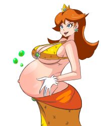 1girls arbrianarchy belly big_belly big_breasts bikini bikini_top breasts brown_hair female hand_on_belly mario_(series) pregnant princess_daisy sizeboob solo_female underboob