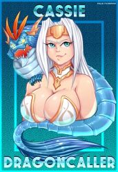 1girls adapted_costume alternate_costume aqua_eyes bare_shoulders big_breasts cassie_(paladins) dragon dragoncaller_cassie familiar female green_eyes headgear hi-rez_studios light-skinned_female light_skin long_hair long_hair_female looking_at_viewer official_alternate_costume paladins riukykappa smile white_hair