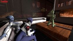 3d 3d_(artwork) 3girls aria_t'loak asari freekiller liara_t'soni mass_effect masturbation multiple_girls pole pole_dancing shiala table yuri