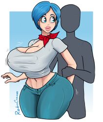 1boy 1girls ass big_breasts blue_eyes blue_hair breasts bulma_briefs busty clothed clothed_female dragon_ball dragon_ball_super female female_focus hips huge_breasts large_breasts mature mature_female mature_woman milf mother pants robocream short_hair thick_thighs thighs white_shirt wide_hips