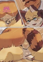 <3_eyes 2022 anthro ass balls belly bite bodily_fluids canid canine censored comic duo ear_bite erection eyewear fox genitals glasses heart hi_res kemono kentachen27 male male/male mammal navel overweight overweight_male penis raccoon_dog sex sweat tanuki