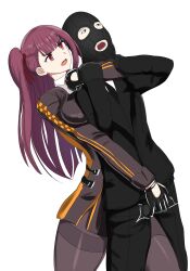 1boy 1girls armlock ball_grab ballbusting black_clothing breast_squeeze cbt choke_hold cock_and_ball_torture crotch_grab dandy3 femdom girls'_frontline grabbing light-skinned_female light-skinned_male light_skin long_hair mask necktie ponytail purple_hair red_eyes simple_background ski_mask squeezing_testicles suit testicle_grab testicular_assault thighhighs wa2000_(girls'_frontline) white_background