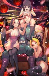 1boy 3girls armbands armlet big_breasts black_hair black_legwear black_thighhighs blonde_hair blue_eyes canon_couple cleavage demon_slayer detailed_background facepaint facial_mark female fishnet_thighhighs fishnets fully_clothed grin hand_on_another's_head hand_on_thigh headband headgear hinatsuru_(kimetsu_no_yaiba) husband_and_wives japanese_clothes jewelry kimetsu_no_yaiba kunoichi lantern long_hair looking_at_another looking_at_viewer makio_(kimetsu_no_yaiba) male married_couple mole_under_eye multiple_girls muscular_male nail_polish nikusenpai obi painting_(artwork) pelvic_curtain ponytail purple_eyes red_eyes side_slit sitting sitting_on_lap sitting_on_person sleeveless smile suma_(kimetsu_no_yaiba) sword the_wives_(kimetsu_no_yaiba) thighhighs throne two_tone_hair uzui_tengen veiny_muscles weapon wide_hips yellow_eyes