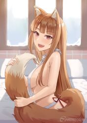 1girls animal_ears apron bangs blush brown_fur brown_hair fangs female female_only fur furry_tail happy holo inner_ear_fluff kemonomimi light_brown_hair long_hair looking_at_viewer medium_breasts naked_apron open_mouth red_eyes sideboob smile smodzz solo spice_and_wolf tail window wolf_ears wolf_girl wolf_tail