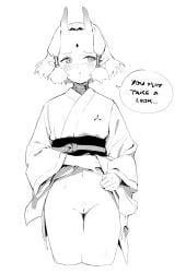 blush female female_only horns looking_away nervous pointy_ears presenting presenting_pussy pussy reward short_hair solo solo_female standing sweat talking_to_viewer vertigris vertigris_oc yukata