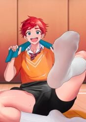 ai_generated blue_eyes blue_towel blush bulge cute detailed_background feet_up gay male_only noyr red_hair shorts smile solo_male white_socks