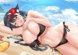 1girls alternate_breast_size azur_lane beach bikini blue_eyes cleavage curvaceous curvy deutschland_(azur_lane) deutschland_(service_time?!)_(azur_lane) exposed_nipples female heart-shaped_pupils huge_breasts light-skinned_female light_skin looking_at_viewer multicolored_hair nipple_slip outdoors solo solo_female thick_thighs tnolize