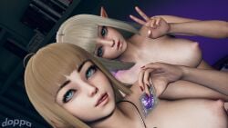 3d blonde_hair doppa elf elf_ears female honey_select peace_sign photo pointy_ears possing