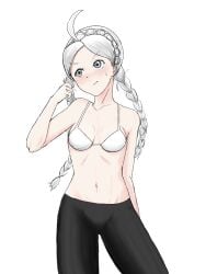 1girls ahoge bra braid fee female female_only fire_emblem fire_emblem_fates frown grey_eyes grey_hair leggings long_gray_hair long_hair nina_(fire_emblem) nintendo pantyhose small_breasts solo twin_braids twintails underwear white_background