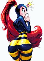 1girls 2020 antennae ass back blush bodysuit butt crown earthworm_jim_(franchise) female female_only lipstick long_hair looking_at_viewer pixelated png ponytail princess_what's-her-name red_hair solo striped_legwear white_background yev-san