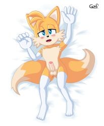 <3_eyes anthro armwear aroused bed bed_sheet bedding blush bodily_fluids canid canine exposed exposed_torso feminine_tails footwear fox furniture genitals goms half-closed_eyes handwear heart helpless hi_res humanoid in_heat legwear looking_at_viewer lying lying_on_bed male male/male mammal narrowed_eyes on_back on_bed open_mouth penis sega solo sonic_(series) sonic_the_hedgehog_(series) sweat sweatdrop tails