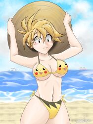 1girls alternate_breast_size alternate_costume alternate_outfit bikini blonde_hair blush breasts female hat long_hair nintendo pokeball pokemon pokemon_adventures ponytail straw_hat underboob wide_hips yellow_(pokemon)