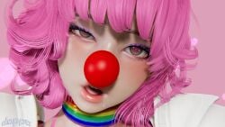 1girls ace_attorney ahe_gao brown_eyes capcom close-up clown clown_girl clussy doppa drooling female female_only geiru_toneido gyakuten_saiban heart-shaped_pupils honey_select_2 pink_hair rainbow_collar video_games