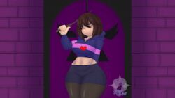 2girls animated baggy_clothing big_breasts blinking brown_eyes chara clothed clothing dialogue digital_media_(artwork) door frisk green_clothing hoodie knife lowres purple_clothing red_eyes short_shorts shorts skin_tight snowyblue stick thick_thighs tights undertale undertale_(series) video_game video_game_character watermark