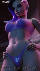 3d breasts dark-skinned_female entrapment envlight female female_focus giantess micro_in_underwear micro_on_macro overwatch piercing pussy sombra sports_uniform text tight_clothing transparent_clothing trapped_in_underwear undercut