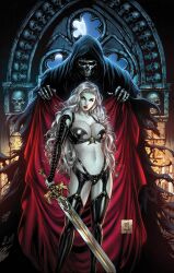 1girls 2022 big_breasts chaos_comics coffin_comics death_(personification) divine_slut dominant_female grim_reaper hi_res high_resolution lady_death latex_bra latex_gloves latex_stockings latex_suit latex_thong mike_krome moon pink_lips queen_of_the_dead solo_female sword tagme ula_mos white_hair