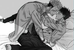 2boys arm_tattoo bangs bed_sheet belt blush clothed clothes_grab clothes_lift clothing eye_contact facial_tattoo feet fushiguro_megumi fushirun_rung gay hair_between_eyes hand_on_another's_neck hand_on_another's_stomach imminent_penetration imminent_sex jujutsu_kaisen long_sleeves looking_at_another lying male male/male male_focus male_only missionary monochrome multiple_boys muscular muscular_male nail_polish open_clothes open_fly open_pants pants pillow ryoumen_sukuna_(jujutsu_kaisen) shirt short_hair sleeves_pushed_up soles spiked_hair stirrup_legwear sweatdrop tattoo toeless_legwear toes undercut yaoi