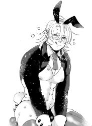 alternate_costume blush bulge bunny_boy bunny_ears bunny_tail bunnysuit demon_slayer hair_between_eyes hair_down kimetsu_no_yaiba kyu_717 licking_lips looking_at_viewer male male_only male_playboy_bunny monochrome muscular muscular_male necktie pecs reverse_bunnysuit sitting smile solo sweat thighhighs tight_clothing tongue_out uzui_tengen