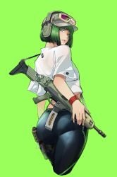 2022 ass ass_focus ela_(rainbow_six) eviljaw6969_(hiko) fat_ass green_hair gun hat looking_at_viewer rainbow_six rainbow_six_siege simple_background solo submachine_gun tagme thick_thighs tight_pants