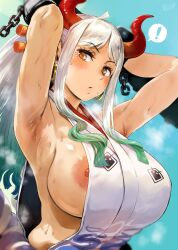 1girls 2022 absurd_res amber_eyes areola_slip areolae armpits arms_behind_head arms_up big_breasts blue_hair breasts brown_eyes bursting_breasts clothed clothing curvy ear_piercing earrings erect_nipples female female_focus female_only gradient_hair hero_neisan hi_res highres hoop_earrings horned_humanoid horns huge_breasts humanoid large_areolae large_breasts light-skinned_female light_skin long_hair multicolored_hair nipple_slip nipples one_piece oni oni_horns revealing_clothes sideboob silver_hair simple_background solo steam steaming_body sweat sweaty_body two_tone_hair white_clothing white_hair wide_hips yamato_(one_piece) youkai