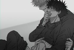 2boys blush buttons closed_eyes clothes_grab clothes_lift covering_another's_mouth covering_mouth cum cum_on_hands ejaculation fushiguro_megumi fushirun_rung gay hand_over_another's_mouth handjob high_collar jacket jacket_grab jujutsu_kaisen lifted_by_another long_sleeves male male/male male_focus male_only monochrome multiple_boys pants pants_around_one_leg satoru_gojo short_hair smile spiked_hair sweatdrop yaoi