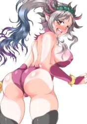 1girls absurdres ass back back_view backless_outfit bare_back bare_shoulders bare_thighs big_ass blush breasts brown_eyes butterfly_wings covered_nipples embarrassed facial_mark fairy fairy_wings female female female_only fire_emblem fire_emblem_heroes forehead_mark full-face_blush grey_hair highres large_breasts leotard looking_at_viewer looking_back migurunoe motion_lines nintendo open_mouth plumeria_(fire_emblem) pointy_ears sideboob simple_background solo speech_bubble teeth thighhighs thighs thorns translation_request violet_migu18 white_background wings