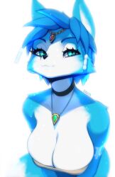 10s 2019 anthro artist_name big_breasts black_nose black_pupils blue_body blue_eyebrows blue_eyes blue_fur blue_hair breasts canine canine_humanoid cleavage digital_media_(artwork) eyebrows eyelashes female female_focus female_only fox fox_humanoid furry furry_female furry_only hair jewelry krystal looking_at_viewer mammal mammal_humanoid necklace nintendo no_humans oughta short_hair smile smiling_at_viewer solo solo_female source_request star_fox tagme teeth tuft white_background white_body white_sclera