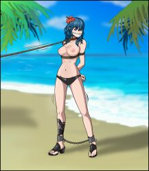 1girls alternate_costume arms_behind_back bare_legs beach bikini bikini_bottom black_bikini black_swimsuit blue_eyes bondage breasts byleth_(fire_emblem) byleth_(fire_emblem)_(female) byleth_(summer)_(fire_emblem)_(female) chains collar female female_only femsub fire_emblem fire_emblem:_three_houses fire_emblem_heroes flower gag hair_flower hibiscus high_heels just_some_guy large_breasts leash legs medium_hair motion_lines nintendo nipples ocean official_alternate_costume outdoors red_flower sandals solo swimsuit teal_hair topless