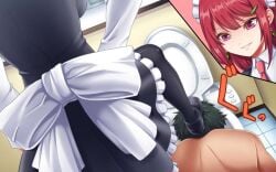 1boy 1girls artist_request black_hair earrings face_in_toilet femdom head_in_toilet maid maid_headdress maid_uniform pink_hair red_hair source_request stepping_on_head swirlie tie toilet