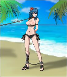 1girls alternate_costume arms_behind_back bare_legs beach bikini bikini_bottom black_bikini black_swimsuit blue_eyes bondage breasts byleth_(fire_emblem) byleth_(fire_emblem)_(female) byleth_(summer)_(fire_emblem)_(female) chains collar female female_only femsub fire_emblem fire_emblem:_three_houses fire_emblem_heroes flower gag hair_flower hibiscus high_heels just_some_guy large_breasts leash legs medium_hair motion_lines nintendo nipples ocean official_alternate_costume outdoors palm_tree red_flower sandals solo swimsuit teal_hair topless tree