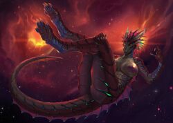 anthro ass breasts detailed_background dragon female floating genitals hi_res horn looking_at_viewer nipples nude pinup pose pussy reptile scales scalie siatrax silgiriya_mantsugosi solo space star