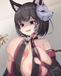 1boy 1boy1girl 1girls animal_ears areola_slip azur_lane bare_houlders black_hair black_kimono breasts cat_ears cat_mask cum cum_on_body cum_on_breasts cum_on_clothes ejaculation female fluffy_ears fox_girl fox_mask highres inari_jin japanese_clothes kimono mask mask_on_head motion_blur oerba_yun_fang paizuri paizuri_under_clothes red_eyes small_but_busty straight two_tone_ears wide_sleeves yamashiro_(azur_lane)