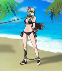 1girls alternate_costume arms_behind_back bare_legs beach bikini black_bikini black_swimsuit bondage breasts byleth_(fire_emblem) byleth_(fire_emblem)_(female) byleth_(summer)_(fire_emblem)_(female) capelet chains cleavage collar enlightened_byleth_(female) female female_only femsub fire_emblem fire_emblem:_three_houses fire_emblem_heroes flower gag green_eyes green_hair hair_flower hibiscus high_heels just_some_guy large_breasts leash legs medium_hair motion_lines nintendo ocean official_alternate_costume outdoors palm_tree red_flower sandals sideboob solo swimsuit tree