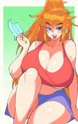 big_breasts breasts cleavage eating female gravion huge_breasts huge_thighs ice_pop inkuusan melting_popsicle orange_hair popsicle short_pants shorts tachibana_mizuki thick thick_thighs thighs thighs_bigger_than_head