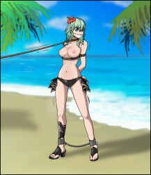 1girls alternate_costume arms_behind_back bare_legs beach bikini bikini_bottom black_bikini black_swimsuit bondage breasts byleth_(fire_emblem) byleth_(fire_emblem)_(female) byleth_(summer)_(fire_emblem)_(female) chains collar enlightened_byleth_(female) female female_only femsub fire_emblem fire_emblem:_three_houses fire_emblem_heroes flower gag green_eyes green_hair hair_flower hibiscus high_heels just_some_guy large_breasts leash legs medium_hair motion_lines nintendo nipples ocean official_alternate_costume outdoors red_flower sandals solo swimsuit topless