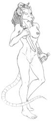 2015 anthro barefoot brachyurus braided_hair dual_wielding feet female hair holding_object holding_weapon knife machinations_of_doom magali_(mod) mammal murid murine nude rat rifts rodent solo weapon