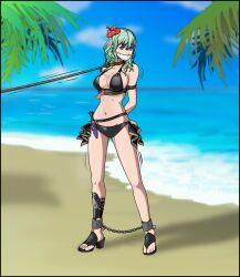 1girls alternate_costume arms_behind_back bare_legs beach bikini black_bikini black_swimsuit bondage breasts byleth_(fire_emblem) byleth_(fire_emblem)_(female) byleth_(summer)_(fire_emblem)_(female) chains cleavage collar enlightened_byleth_(female) female female_only femsub fire_emblem fire_emblem:_three_houses fire_emblem_heroes flower gag green_eyes green_hair hair_flower hibiscus high_heels just_some_guy knife large_breasts leash legs medium_hair motion_lines nintendo ocean official_alternate_costume outdoors palm_tree red_flower sandals sideboob solo swimsuit tree weapon