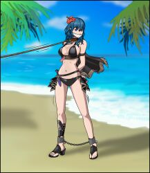 1girls alternate_costume arms_behind_back bare_legs beach bikini black_bikini black_swimsuit blue_eyes bondage breasts byleth_(fire_emblem) byleth_(fire_emblem)_(female) byleth_(summer)_(fire_emblem)_(female) capelet chains cleavage collar female female_only femsub fire_emblem fire_emblem:_three_houses fire_emblem_heroes flower gag hair_flower hibiscus high_heels just_some_guy knife large_breasts leash legs medium_hair nintendo ocean official_alternate_costume outdoors red_flower sandals sideboob solo swimsuit teal_hair weapon