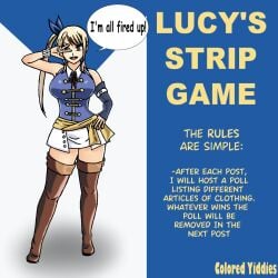 1girls 2022 backless_outfit blonde_hair clothed coloredyiddies dialogue english_text fairy_tail lucy_heartfilia peace_sign self_upload skirt solo solo_female solo_focus strip_game text thigh_boots