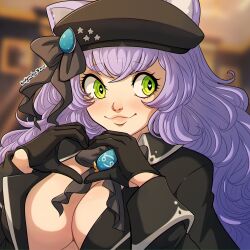 1girls blurry_background cancer_(zodiac_sign) cat_ears catgirl female female_only gloves green_eyes hat heart-shaped_pupils heart_hands hi_res inner_sideboob kansa_(kinkymation) kinkymation long_hair looking_at_viewer purple_hair smiling smiling_at_viewer solo solo_female solo_focus zodicat