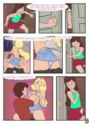 1boy 2girls aged_up blonde_hair blush breast_grab brown_hair comic dipper_pines english_text gravity_falls mabel_pines pacifica_northwest page_8 panties_aside ponytail sealedhelm speech_bubble straight_hair upright_straddle watching_sex