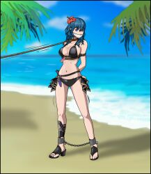 1girls alternate_costume arms_behind_back bare_legs beach bikini black_bikini black_swimsuit blue_eyes bondage breasts byleth_(fire_emblem) byleth_(fire_emblem)_(female) byleth_(summer)_(fire_emblem)_(female) chains cleavage collar female female_only femsub fire_emblem fire_emblem:_three_houses fire_emblem_heroes flower gag hair_flower hibiscus high_heels just_some_guy knife large_breasts leash legs medium_hair nintendo ocean official_alternate_costume outdoors red_flower sandals sideboob solo swimsuit teal_hair weapon