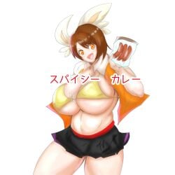 1girls bikini_top breasts brown_hair bunny_ears chubby chubby_female cinderace_(cosplay) gloria_(pokemon) huge_breasts japanese_text kamui_(artist) orange_eyes pokemon pokemon_(cosplay) pokemon_ss sausage skirt text thick_thighs