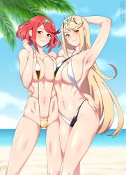 2girls ass bangs beach bikini black_bikini blonde_hair breasts clouds collarbone colored earrings female_only hand_on_ass headwear huge_breasts large_breasts lindaroze long_hair looking_at_viewer multicolored_bikini mythra navel nintendo ocean one-piece_swimsuit outside palm_tree pyra red_eyes red_hair revealing_clothes shiny_skin short_hair sky slingshot_swimsuit smiling smiling_at_viewer standing string_bikini swept_bangs swimsuit tagme thick_thighs thighs tiara water white_bikini xenoblade_(series) xenoblade_chronicles_2 yellow_eyes yellow_one-piece_swimsuit yellow_swimsuit