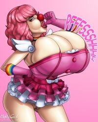 1girls blowing_thumb breast_expansion clothed clothing clown clown_girl clown_nose clussy female female_only geiru_toneido gyakuten_saiban huge_breasts light-skinned_female light_skin mightycock pink_hair self_inflation voluptuous