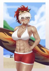 1girls abs alternate_costume azraelwebster beach bikini bikini_shorts bikini_top breasts dark-skinned_female female_only fire_emblem fire_emblem_fates large_breasts looking_at_viewer muscular_female navel nintendo oni_mask red_bikini_shorts rinkah_(fire_emblem) short_hair solo source_request surfboard swimsuit white_bikini white_bikini_top white_hair