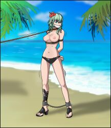 1girls alternate_costume arms_behind_back bare_legs beach bikini bikini_bottom black_bikini black_swimsuit bondage breasts byleth_(fire_emblem) byleth_(fire_emblem)_(female) byleth_(summer)_(fire_emblem)_(female) chains collar enlightened_byleth_(female) female female_only femsub fire_emblem fire_emblem:_three_houses fire_emblem_heroes flower gag green_eyes green_hair hair_flower hibiscus high_heels just_some_guy large_breasts leash legs medium_hair motion_lines nintendo nipples ocean official_alternate_costume outdoors red_flower sandals solo swimsuit topless