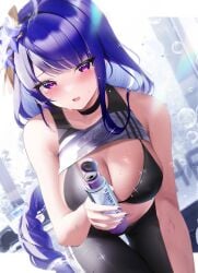 after_workout big_breasts breasts fantongjun genshin_impact huge_breasts large_breasts lifted_shirt purple_hair raiden_shogun shirt_up sioconsole1 sweat sweating sweaty thick thick_thighs thighs