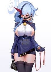 ako_(blue_archive) areola_slip bag bell black_legwear blue_archive blue_eyes blue_hair blue_jacket blue_skirt blush breasts buttons chains closed_mouth collarbone cowboy_shot crying crying_with_eyes_open cuffs double-breasted drooling ear_blush female framed_breasts garter_straps gehenna_academy_student gloves hairband half_gloves halo heart heart-shaped_pupils highres holding holding_bag jacket lactation large_breasts leash long_hair long_sleeves looking_at_viewer looking_away miniskirt muzzle neck_bell open_mouth pencil_skirt prefect_team_(blue_archive) pussy_juice saliva shirt skirt solo suitshark symbol-shaped_pupils tearing_up tears thighhighs tongue tongue_out wet wet_clothes white_shirt