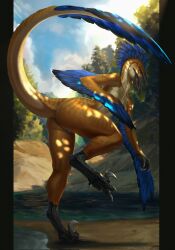 2022 anthro anus ass beach breasts claws dinosaur dromaeosaurid feathered_dinosaur feathered_wings feathers feet female genitals hi_res looking_at_viewer looking_back nude outside paws plant presenting presenting_hindquarters presenting_pussy pussy raised_tail reptile scalie seaside silgiriya_mantsugosi solo theropod tree velociraptor water wings yellow_body